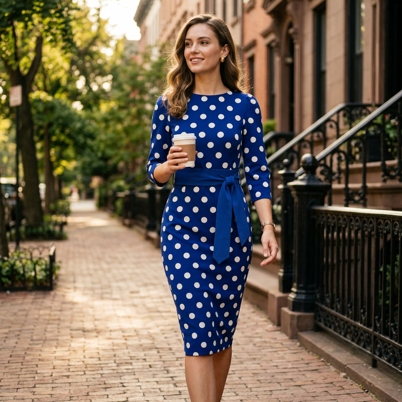 👗🌸 Elegant klänning i retrostil med polka-mönster – tidlös och feminin