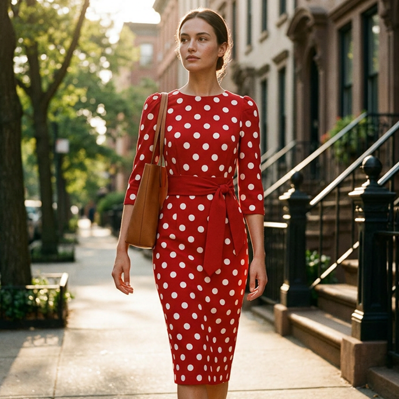 👗🌸 Elegant klänning i retrostil med polka-mönster – tidlös och feminin