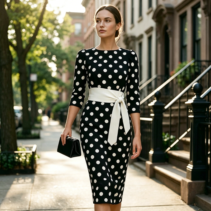 👗🌸 Elegant klänning i retrostil med polka-mönster – tidlös och feminin
