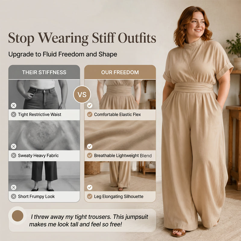 Jumpsuit för damer med korta ärmar, hög hals och vida ben