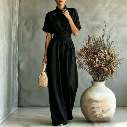 Jumpsuit för damer med korta ärmar, hög hals och vida ben
