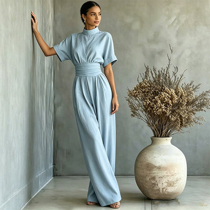 Jumpsuit för damer med korta ärmar, hög hals och vida ben