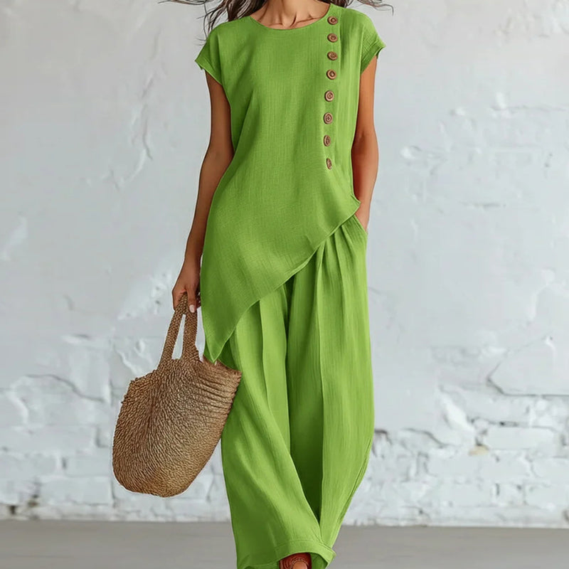 Ensemble 2 pièces pour femme : haut à ourlet asymétrique et pantalon