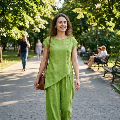 Ensemble 2 pièces pour femme : haut à ourlet asymétrique et pantalon