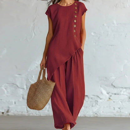 Ensemble 2 pièces pour femme : haut à ourlet asymétrique et pantalon