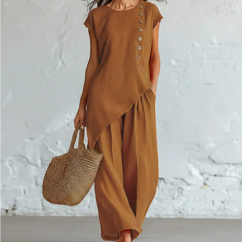 Ensemble 2 pièces pour femme : haut à ourlet asymétrique et pantalon