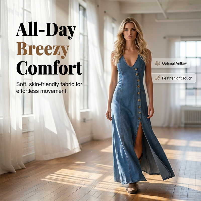 👗✨ Asymmetrisk V-ringad denim maxiklänning