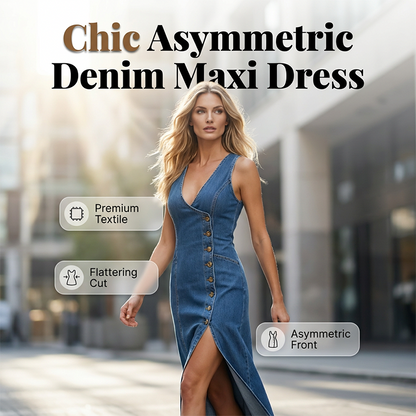 👗✨ Asymmetrisk V-ringad denim maxiklänning