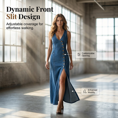 👗✨ Asymmetrisk V-ringad denim maxiklänning