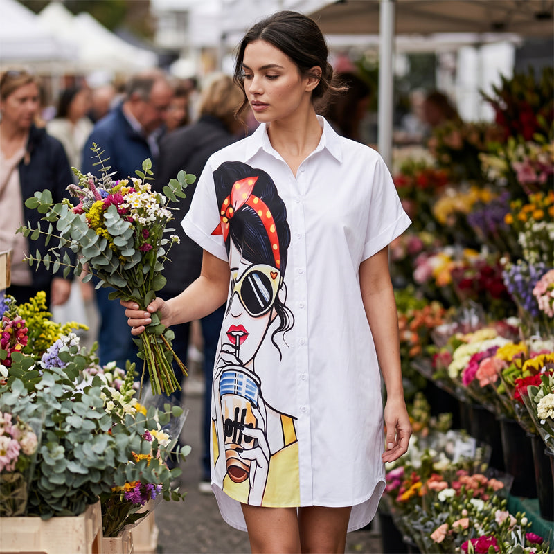 👗🎨 Modern porträtttryckt skjortklänning för sommaren