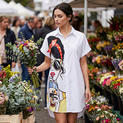👗🎨 Modern porträtttryckt skjortklänning för sommaren