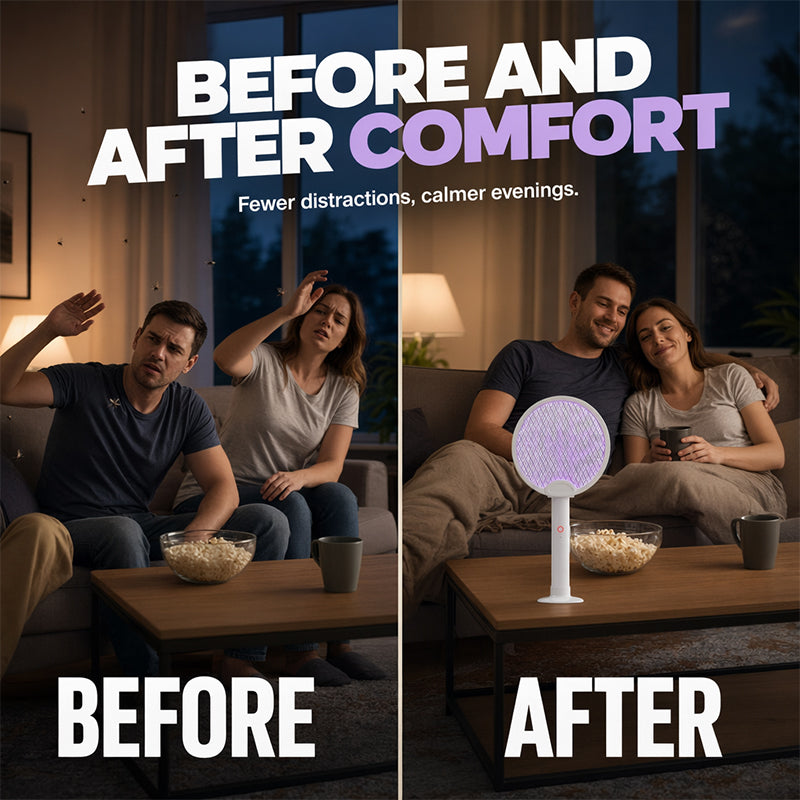🦟 Myggklapp & mygglampa i praktisk hopfällbar design – med UV-lockljus, säkert skyddsnät i tre lager och ett 1200 mAh-batteri som ger upp till 30 dagars standby-tid 🔄