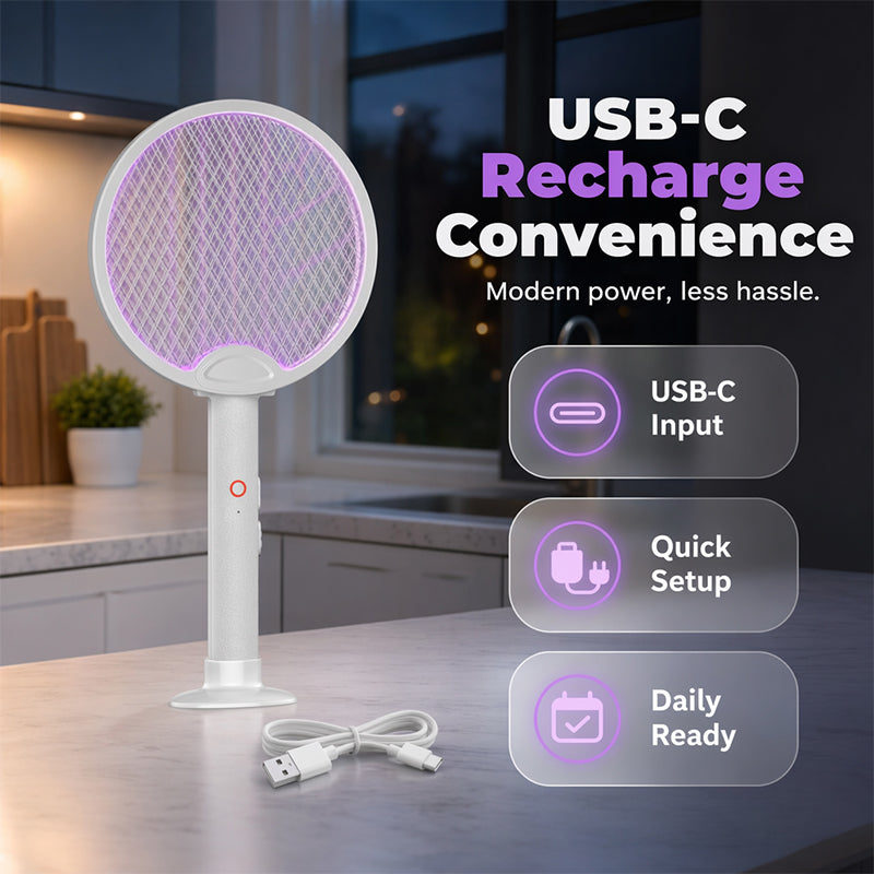 🦟 Myggklapp & mygglampa i praktisk hopfällbar design – med UV-lockljus, säkert skyddsnät i tre lager och ett 1200 mAh-batteri som ger upp till 30 dagars standby-tid 🔄