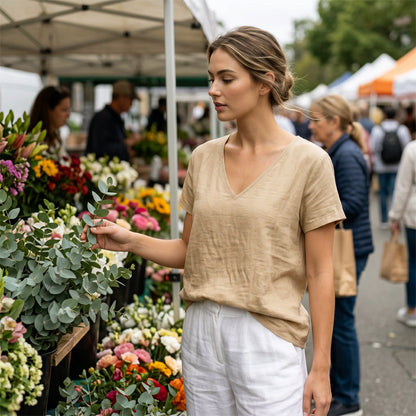 👕☀️🌿 BEGRÄNSAT ERBJUDANDE – 50% RABATT! Dam T-shirt med V-hals för sommar – Mjuk bomullsblandning, luftig och lätt – Perfekt för avslappnade dagar, ärenden och lugna helgmorgnar 🌸😌