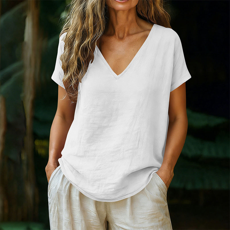 👕☀️🌿 BEGRÄNSAT ERBJUDANDE – 50% RABATT! Dam T-shirt med V-hals för sommar – Mjuk bomullsblandning, luftig och lätt – Perfekt för avslappnade dagar, ärenden och lugna helgmorgnar 🌸😌