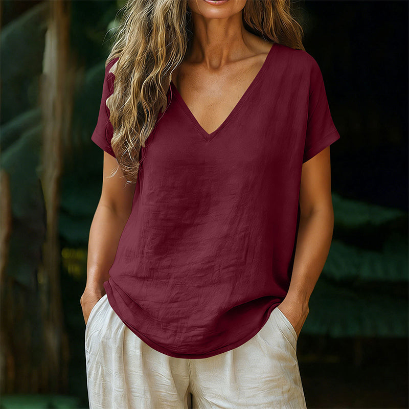 👕☀️🌿 BEGRÄNSAT ERBJUDANDE – 50% RABATT! Dam T-shirt med V-hals för sommar – Mjuk bomullsblandning, luftig och lätt – Perfekt för avslappnade dagar, ärenden och lugna helgmorgnar 🌸😌