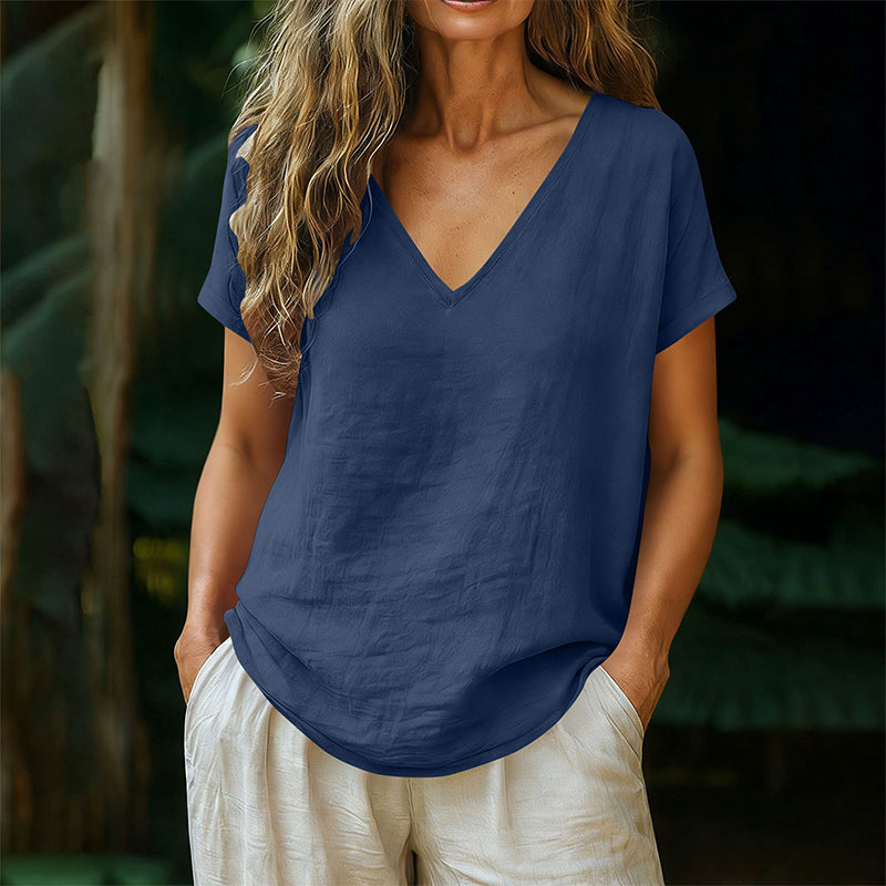 👕☀️🌿 BEGRÄNSAT ERBJUDANDE – 50% RABATT! Dam T-shirt med V-hals för sommar – Mjuk bomullsblandning, luftig och lätt – Perfekt för avslappnade dagar, ärenden och lugna helgmorgnar 🌸😌