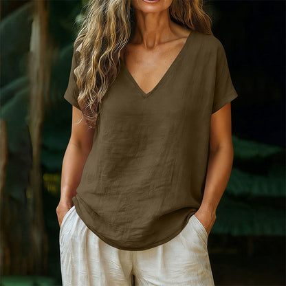 👕☀️🌿 BEGRÄNSAT ERBJUDANDE – 50% RABATT! Dam T-shirt med V-hals för sommar – Mjuk bomullsblandning, luftig och lätt – Perfekt för avslappnade dagar, ärenden och lugna helgmorgnar 🌸😌