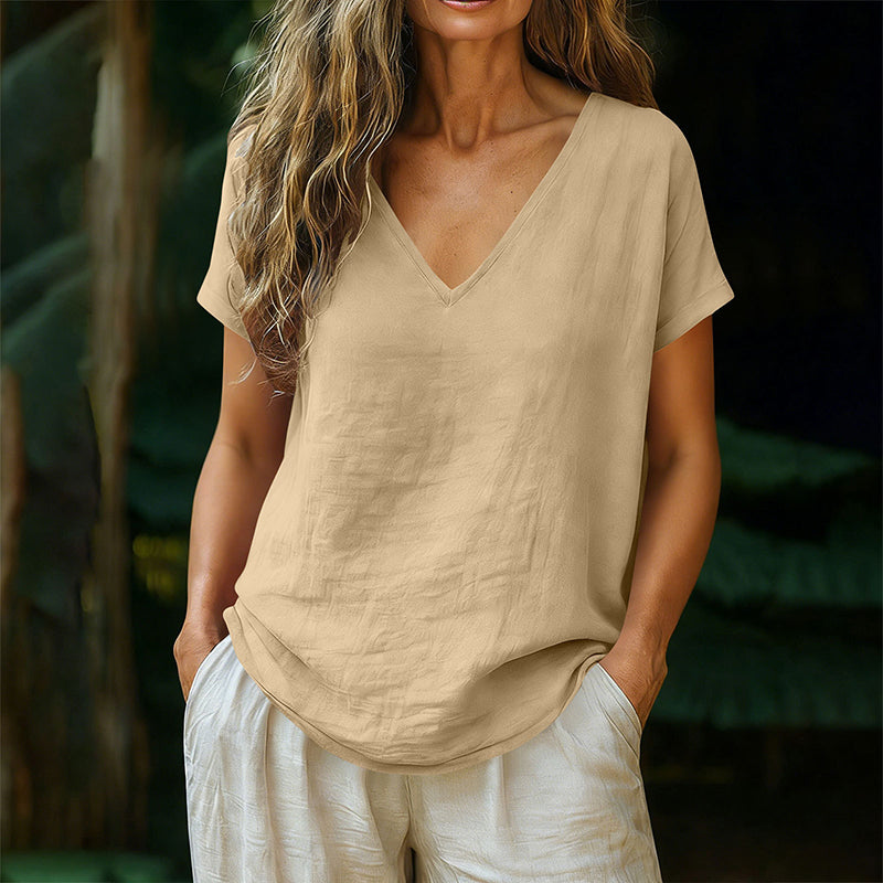 👕☀️🌿 BEGRÄNSAT ERBJUDANDE – 50% RABATT! Dam T-shirt med V-hals för sommar – Mjuk bomullsblandning, luftig och lätt – Perfekt för avslappnade dagar, ärenden och lugna helgmorgnar 🌸😌