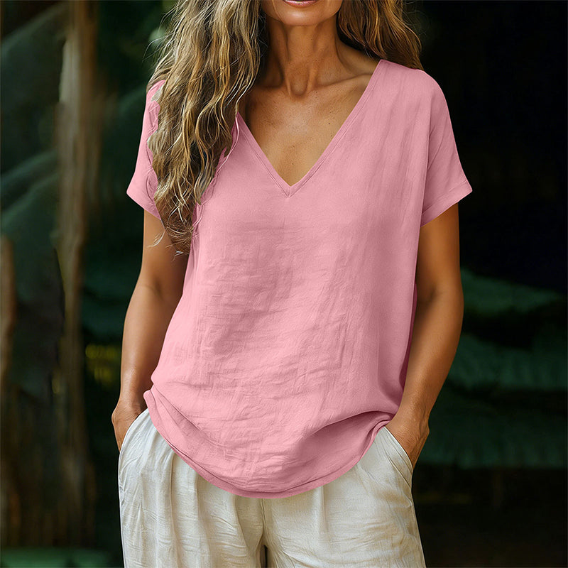 👕☀️🌿 BEGRÄNSAT ERBJUDANDE – 50% RABATT! Dam T-shirt med V-hals för sommar – Mjuk bomullsblandning, luftig och lätt – Perfekt för avslappnade dagar, ärenden och lugna helgmorgnar 🌸😌