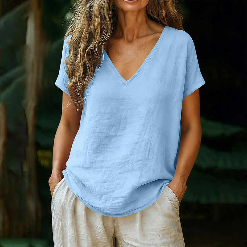 👕☀️🌿 BEGRÄNSAT ERBJUDANDE – 50% RABATT! Dam T-shirt med V-hals för sommar – Mjuk bomullsblandning, luftig och lätt – Perfekt för avslappnade dagar, ärenden och lugna helgmorgnar 🌸😌