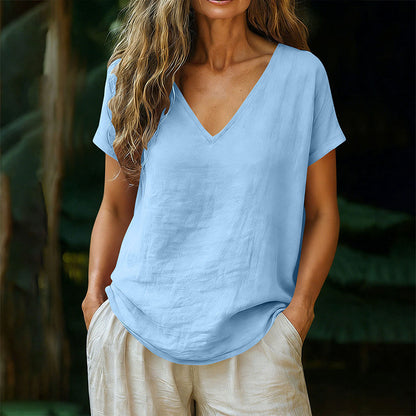 👕☀️🌿 BEGRÄNSAT ERBJUDANDE – 50% RABATT! Dam T-shirt med V-hals för sommar – Mjuk bomullsblandning, luftig och lätt – Perfekt för avslappnade dagar, ärenden och lugna helgmorgnar 🌸😌
