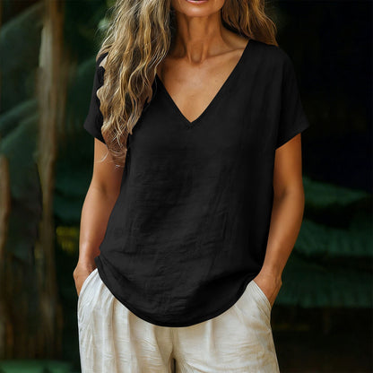 👕☀️🌿 BEGRÄNSAT ERBJUDANDE – 50% RABATT! Dam T-shirt med V-hals för sommar – Mjuk bomullsblandning, luftig och lätt – Perfekt för avslappnade dagar, ärenden och lugna helgmorgnar 🌸😌