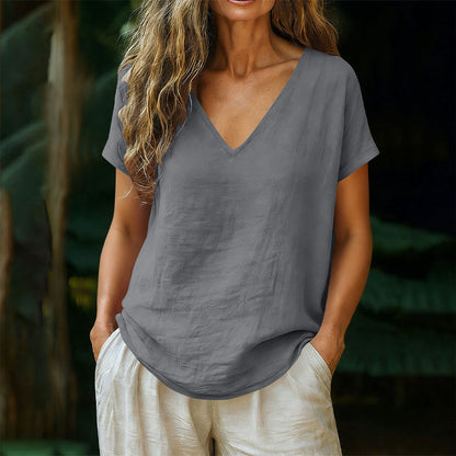 👕☀️🌿 BEGRÄNSAT ERBJUDANDE – 50% RABATT! Dam T-shirt med V-hals för sommar – Mjuk bomullsblandning, luftig och lätt – Perfekt för avslappnade dagar, ärenden och lugna helgmorgnar 🌸😌
