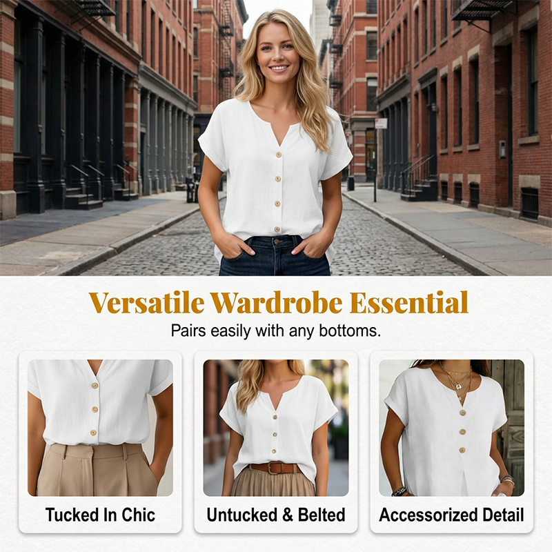 V-hals knappad casual t-shirt för kvinnor