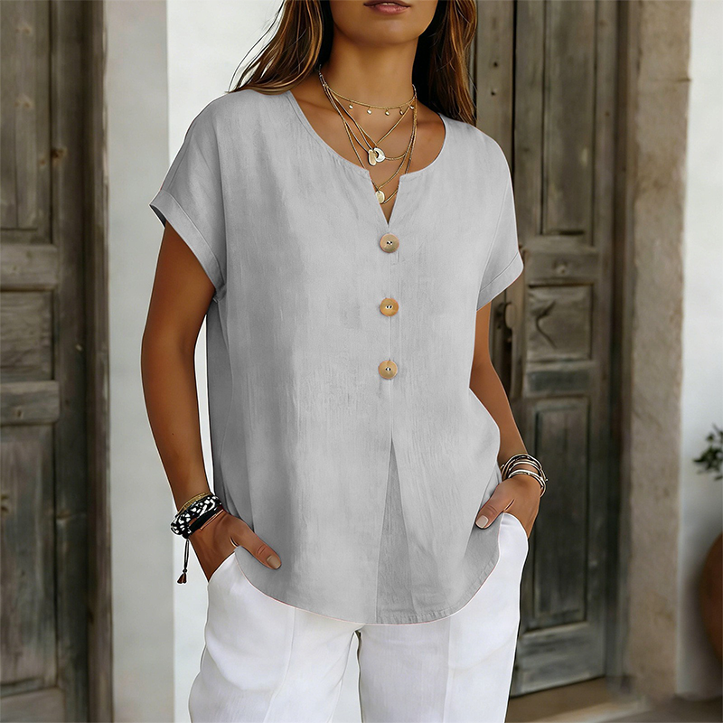V-hals knappad casual t-shirt för kvinnor