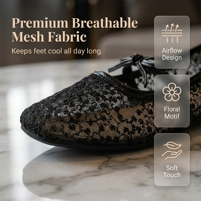 🌸 Eleganta platta mesh-skor med rosett och blommotiv