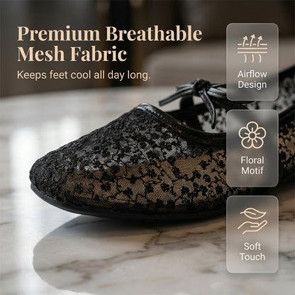 🌸 Eleganta platta mesh-skor med rosett och blommotiv