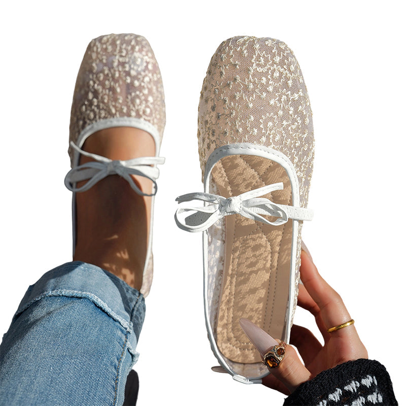 🌸 Eleganta platta mesh-skor med rosett och blommotiv