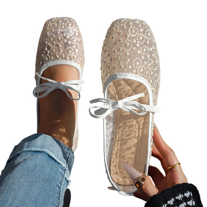 🌸 Eleganta platta mesh-skor med rosett och blommotiv