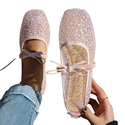 🌸 Eleganta platta mesh-skor med rosett och blommotiv
