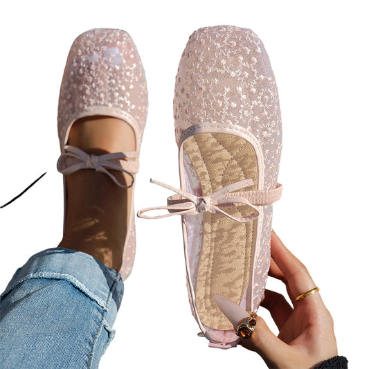 🌸 Eleganta platta mesh-skor med rosett och blommotiv