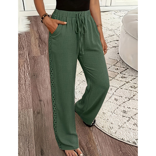 🔥🎁Nyhet 50 % RABATT🔥👖🌸 Lätta boho-byxor med spetsdetaljer och elastisk midja