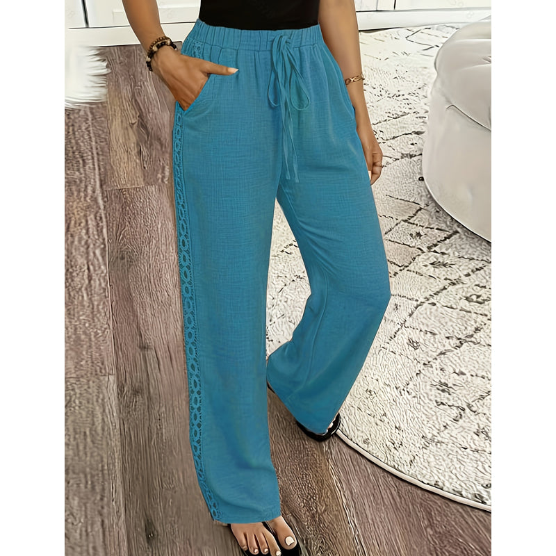 🔥🎁Nyhet 50 % RABATT🔥👖🌸 Lätta boho-byxor med spetsdetaljer och elastisk midja