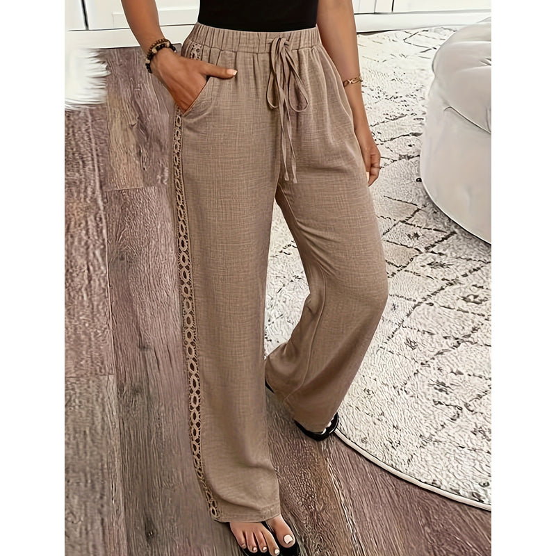 🔥🎁Nyhet 50 % RABATT🔥👖🌸 Lätta boho-byxor med spetsdetaljer och elastisk midja