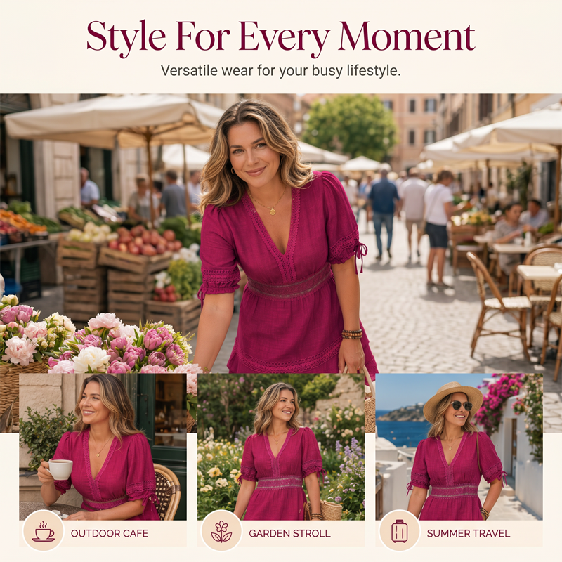 Damklänning med V-ringning, spets och flerskiktade volanger
