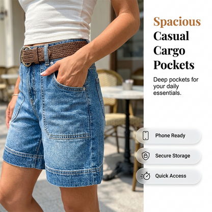 Bermudashorts i denim för damer, med medelhög midja och fickor