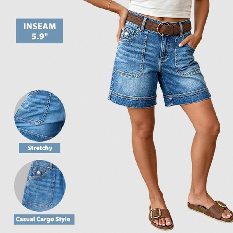 Bermudashorts i denim för damer, med medelhög midja och fickor