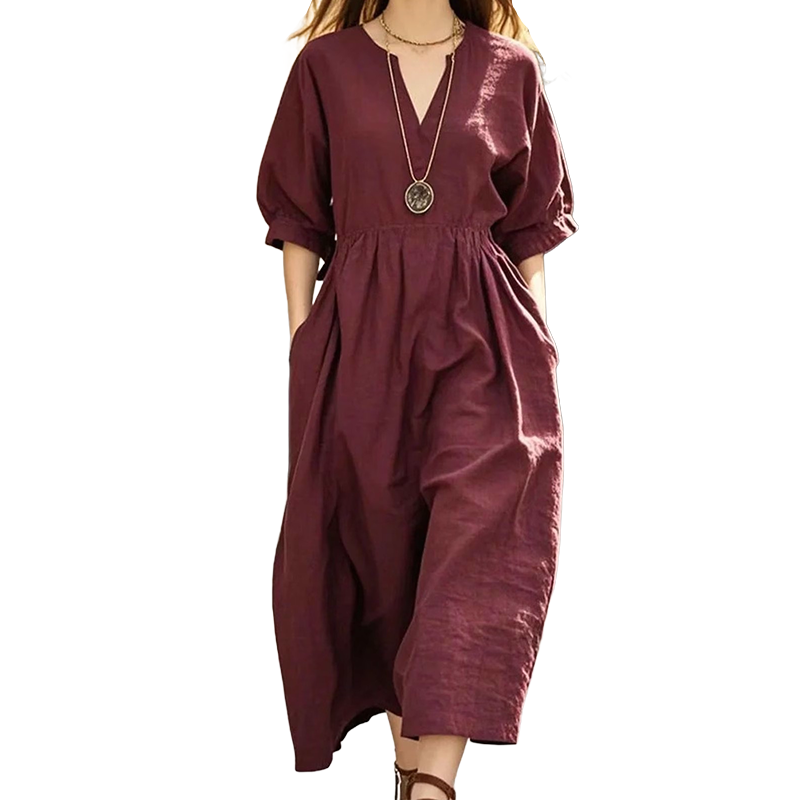 Dam vardaglig maxiklänning med V-ringning och fickor