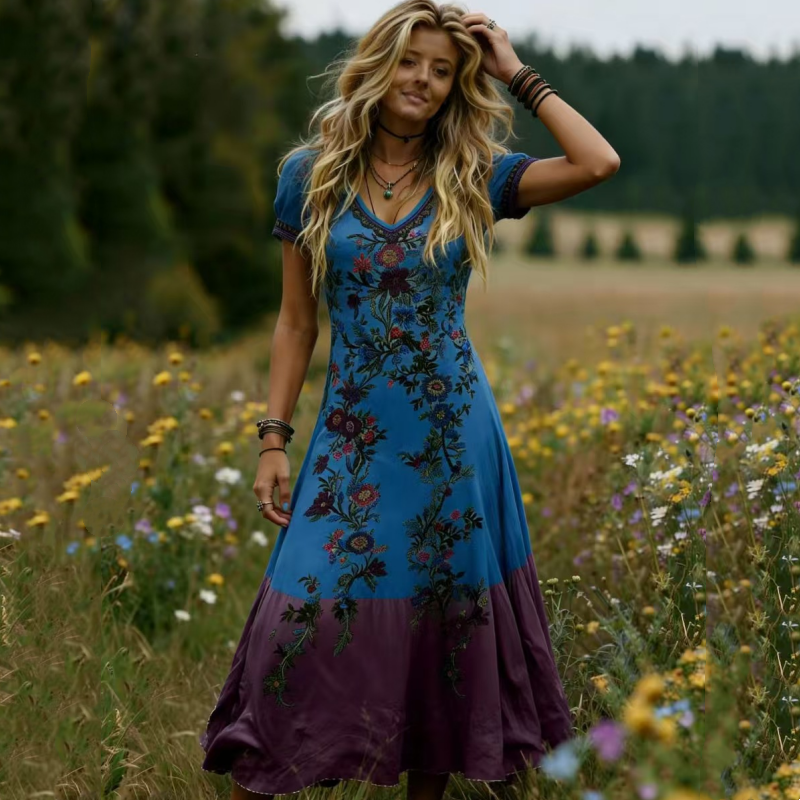 Vintage-maxiklänning med V-ringning och blommönster för damer