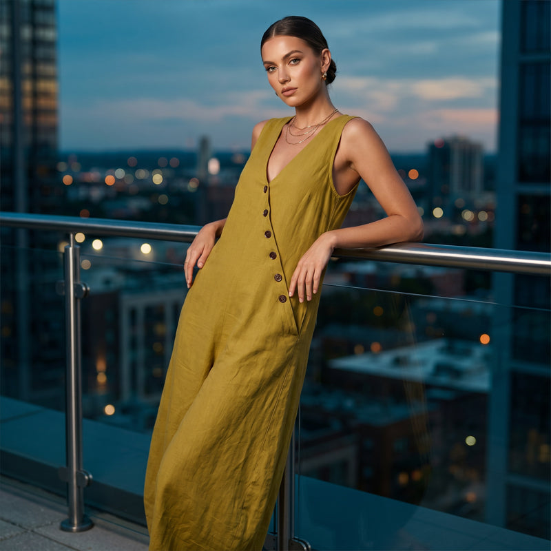 Ärmlös jumpsuit med V-ringning och fickor för damer