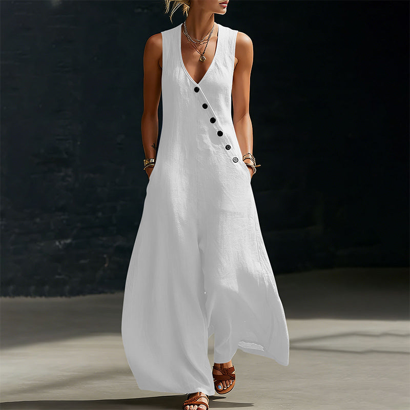 Ärmlös jumpsuit med V-ringning och fickor för damer