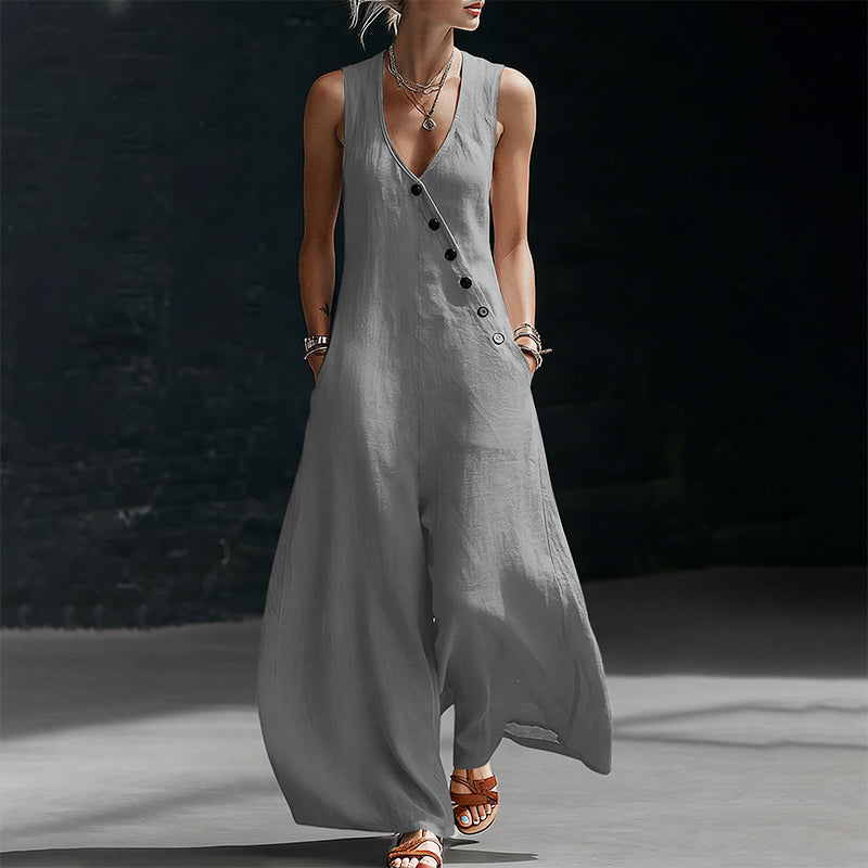 Ärmlös jumpsuit med V-ringning och fickor för damer