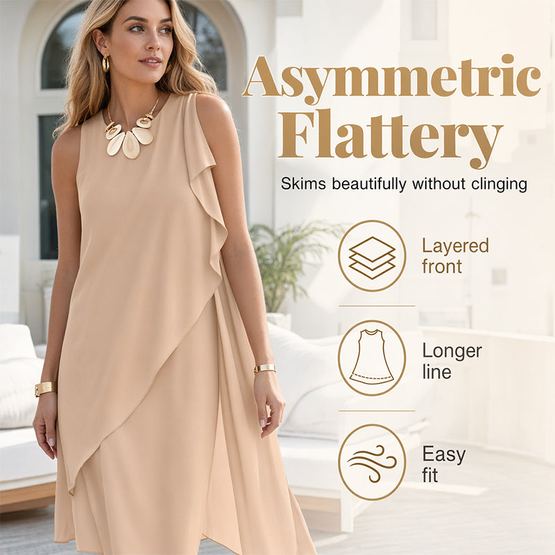 👗✨ Elegant ärmlös chiffongklänning med asymmetriska lager