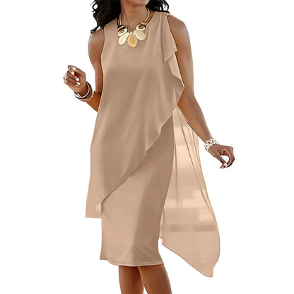 👗✨ Elegant ärmlös chiffongklänning med asymmetriska lager