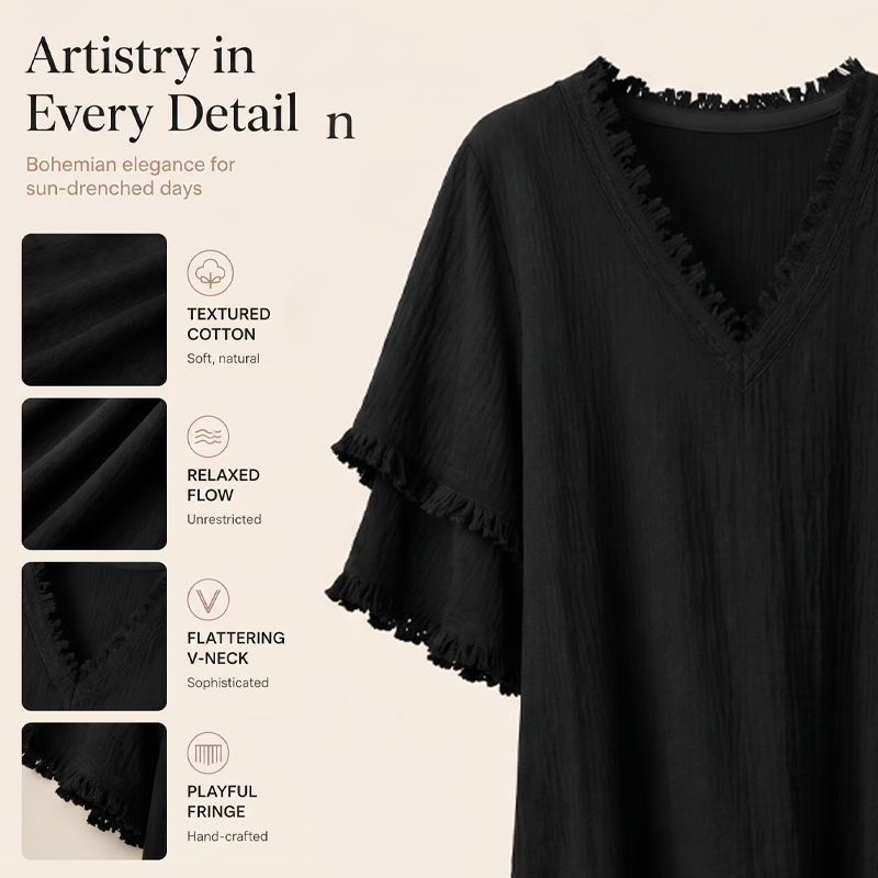Midi-klänning för dam med V-ringning, tofsar och lös passform